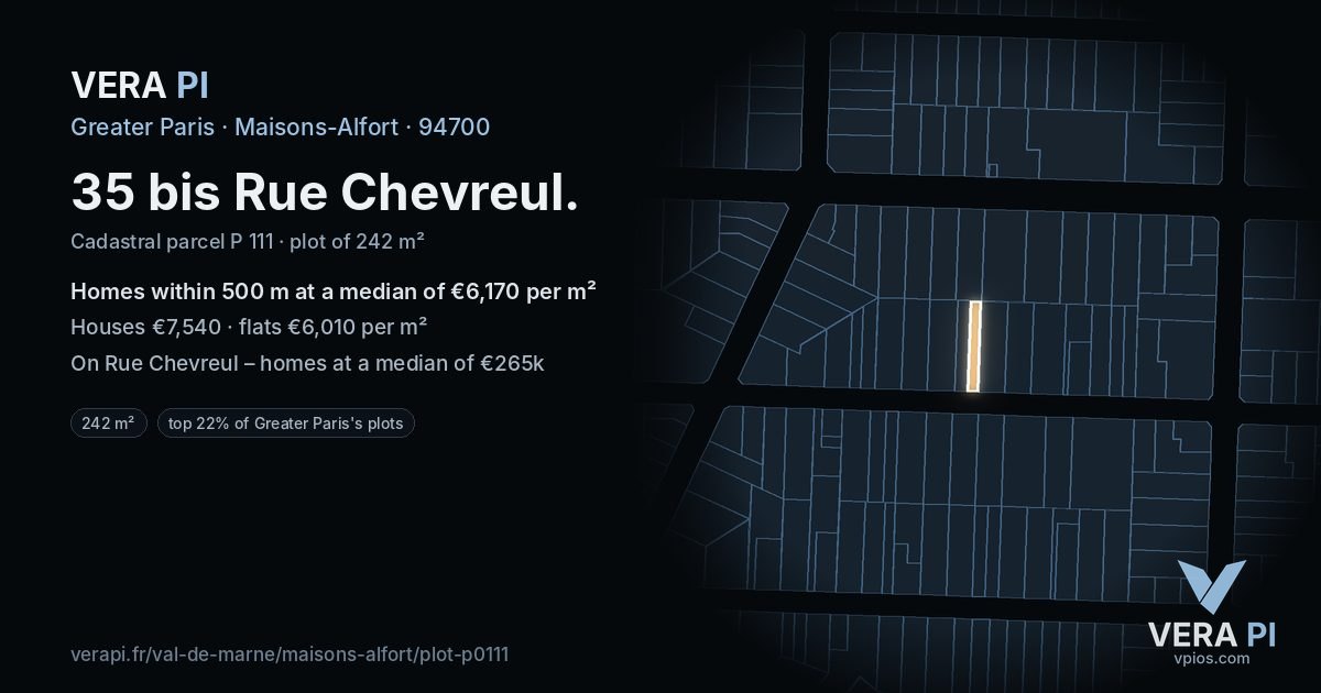 35 bis Rue Chevreul, Maisons-Alfort at night – the plot lit, the parcels around coloured by the prices near them