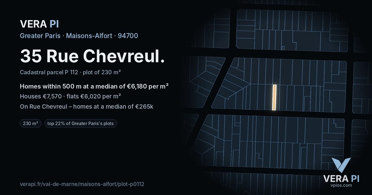 35 Rue Chevreul, Maisons-Alfort at night – the plot lit, the parcels around coloured by the prices near them