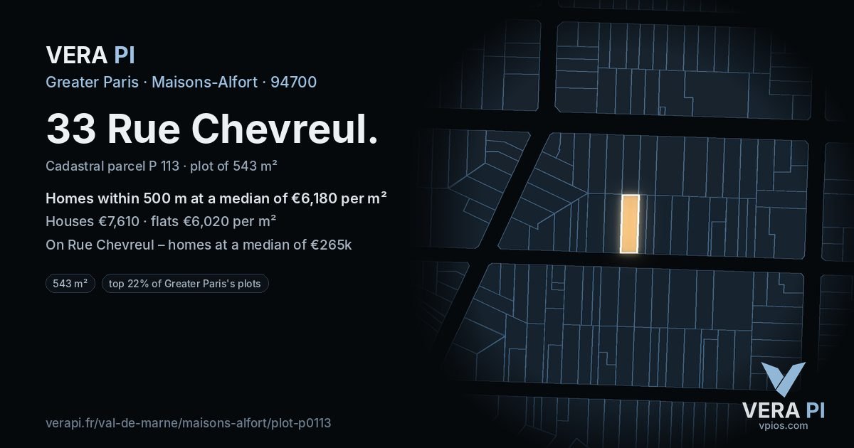33 Rue Chevreul, Maisons-Alfort at night – the plot lit, the parcels around coloured by the prices near them