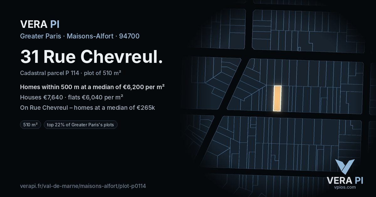 31 Rue Chevreul, Maisons-Alfort at night – the plot lit, the parcels around coloured by the prices near them