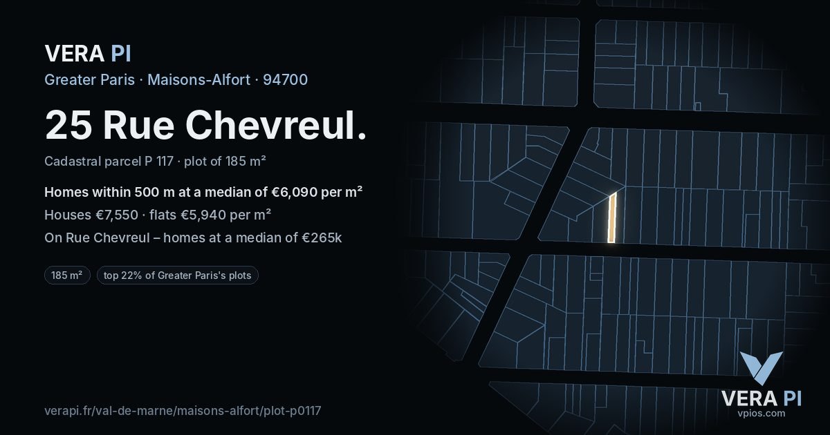 25 Rue Chevreul, Maisons-Alfort at night – the plot lit, the parcels around coloured by the prices near them