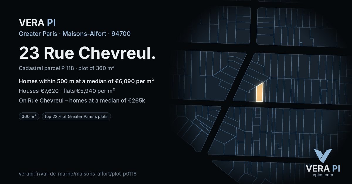 23 Rue Chevreul, Maisons-Alfort at night – the plot lit, the parcels around coloured by the prices near them