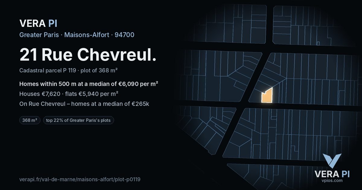 21 Rue Chevreul, Maisons-Alfort at night – the plot lit, the parcels around coloured by the prices near them