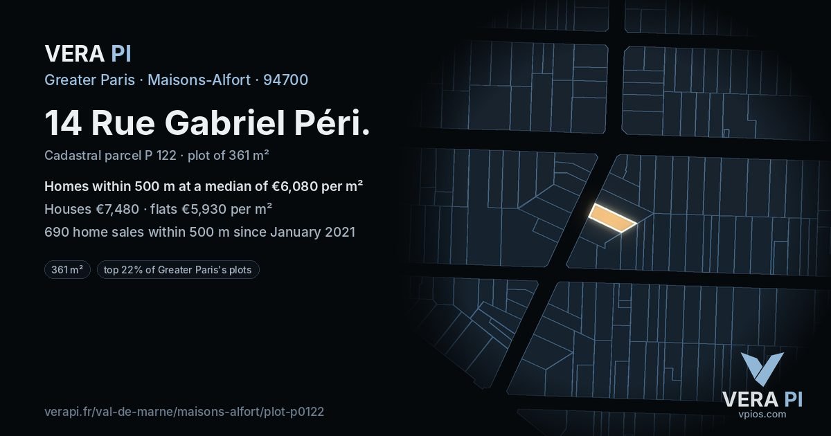 14 Rue Gabriel Péri, Maisons-Alfort at night – the plot lit, the parcels around coloured by the prices near them