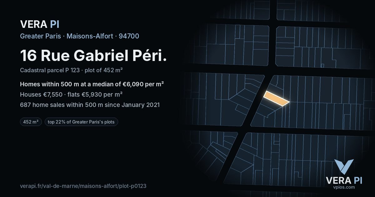 16 Rue Gabriel Péri, Maisons-Alfort at night – the plot lit, the parcels around coloured by the prices near them
