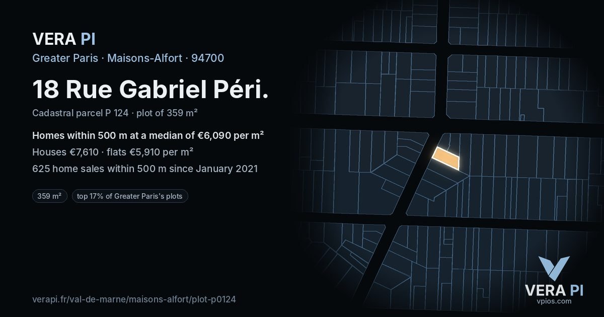 18 Rue Gabriel Péri, Maisons-Alfort at night – the plot lit, the parcels around coloured by the prices near them