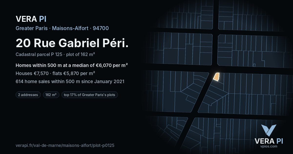 20 Rue Gabriel Péri, Maisons-Alfort at night – the plot lit, the parcels around coloured by the prices near them