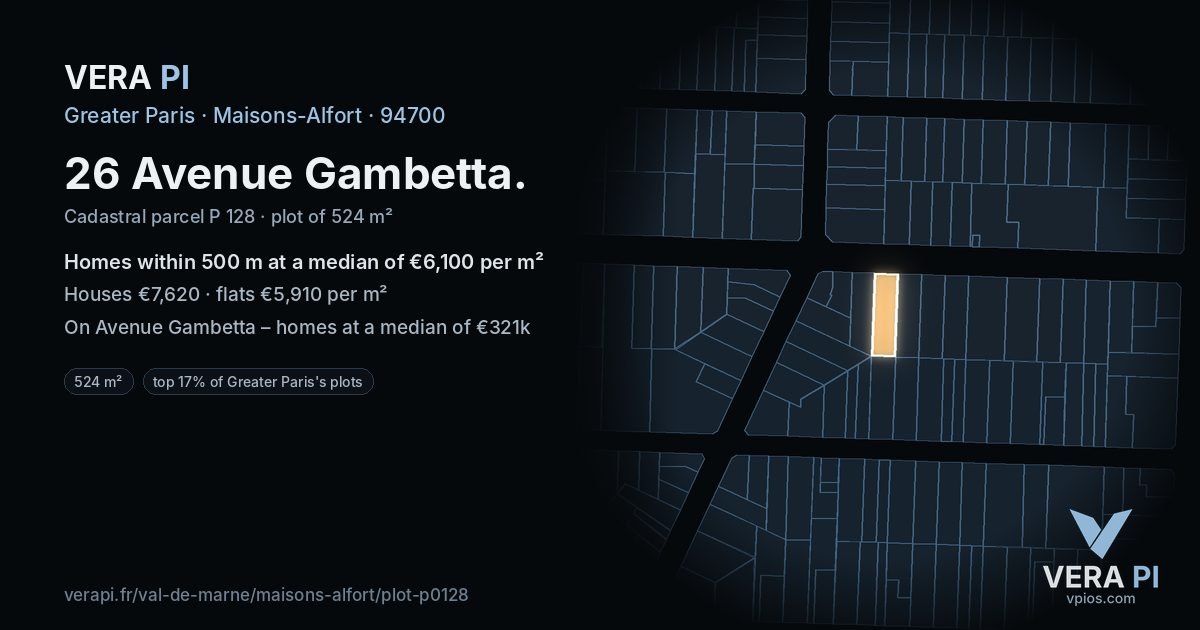 26 Avenue Gambetta, Maisons-Alfort at night – the plot lit, the parcels around coloured by the prices near them