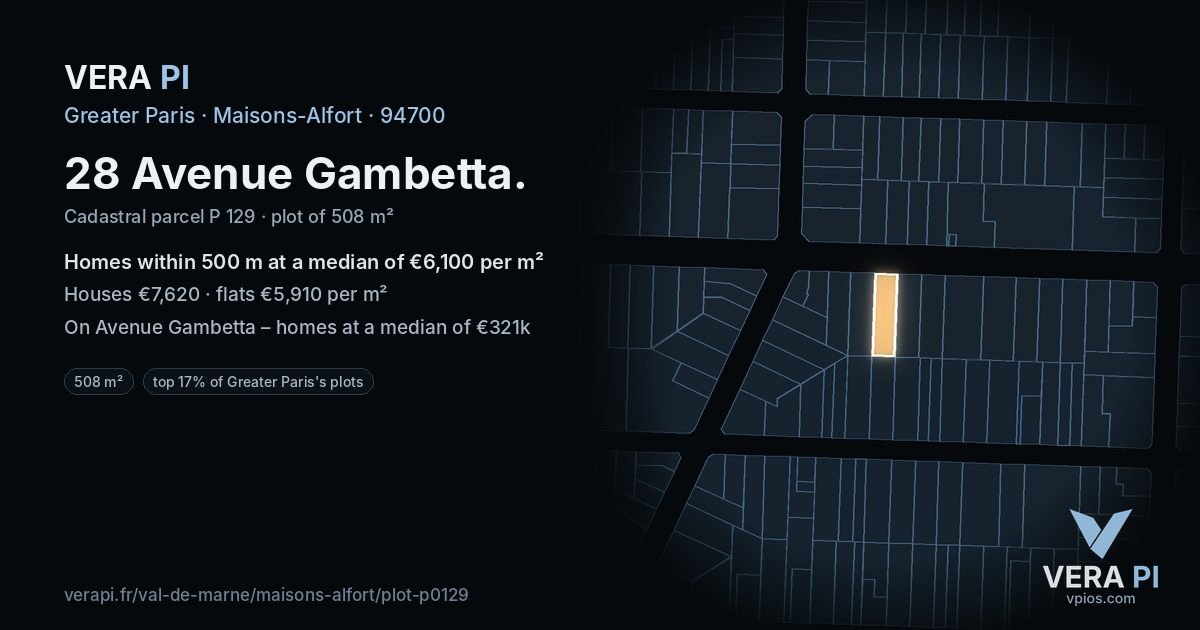 28 Avenue Gambetta, Maisons-Alfort at night – the plot lit, the parcels around coloured by the prices near them