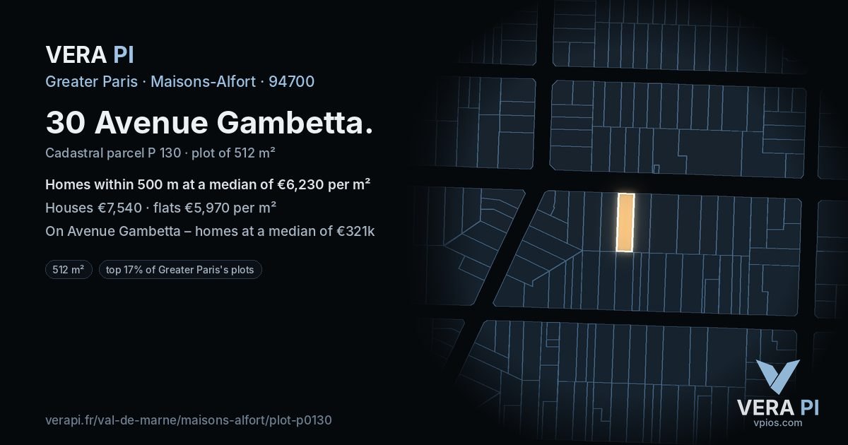 30 Avenue Gambetta, Maisons-Alfort at night – the plot lit, the parcels around coloured by the prices near them