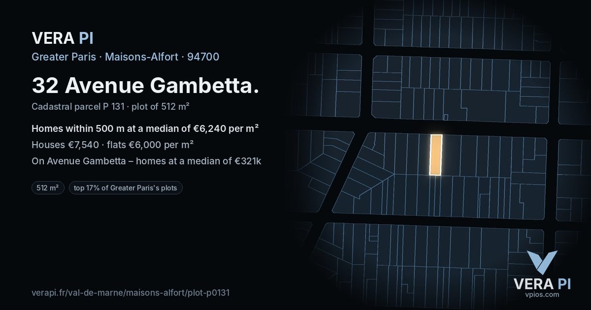 32 Avenue Gambetta, Maisons-Alfort at night – the plot lit, the parcels around coloured by the prices near them