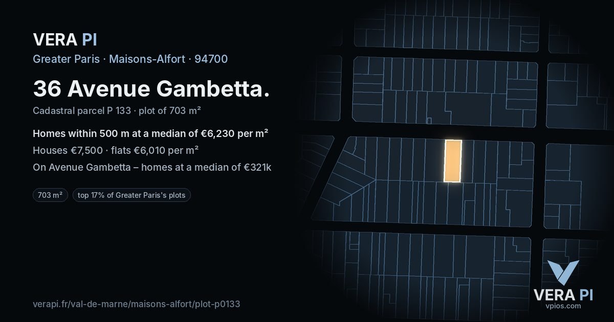 36 Avenue Gambetta, Maisons-Alfort at night – the plot lit, the parcels around coloured by the prices near them