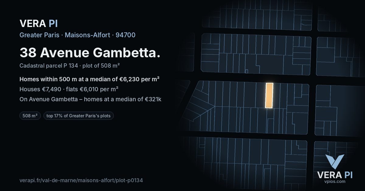 38 Avenue Gambetta, Maisons-Alfort at night – the plot lit, the parcels around coloured by the prices near them