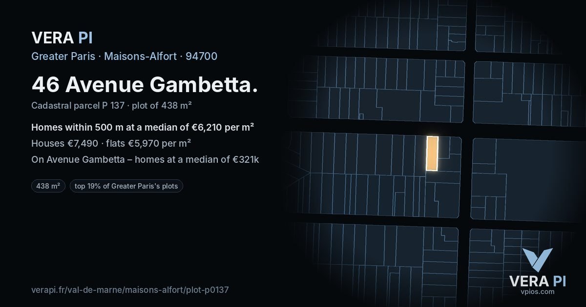 46 Avenue Gambetta, Maisons-Alfort at night – the plot lit, the parcels around coloured by the prices near them