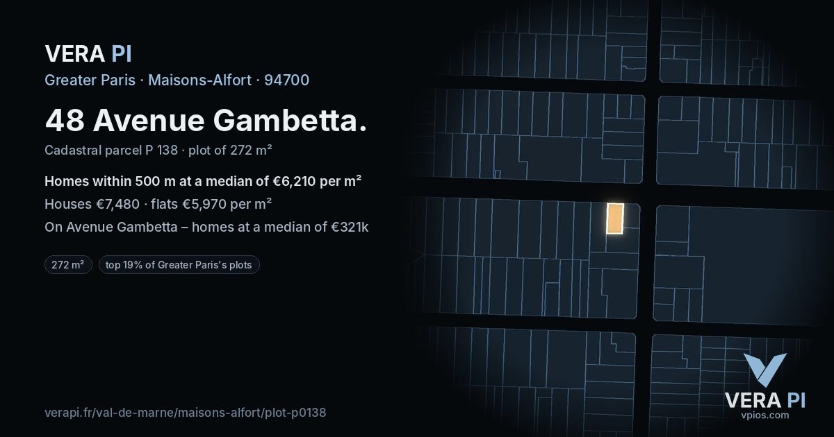 48 Avenue Gambetta, Maisons-Alfort at night – the plot lit, the parcels around coloured by the prices near them