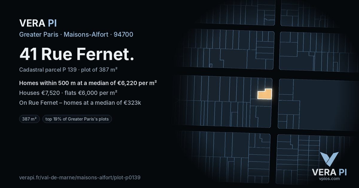 41 Rue Fernet, Maisons-Alfort at night – the plot lit, the parcels around coloured by the prices near them