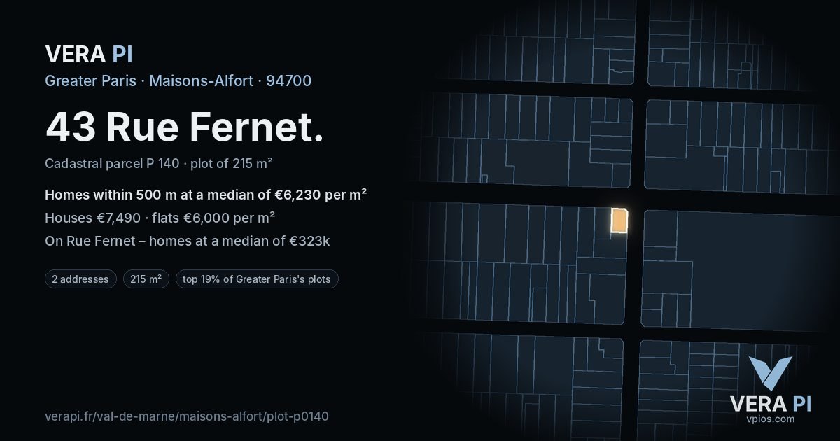 43 Rue Fernet, Maisons-Alfort at night – the plot lit, the parcels around coloured by the prices near them