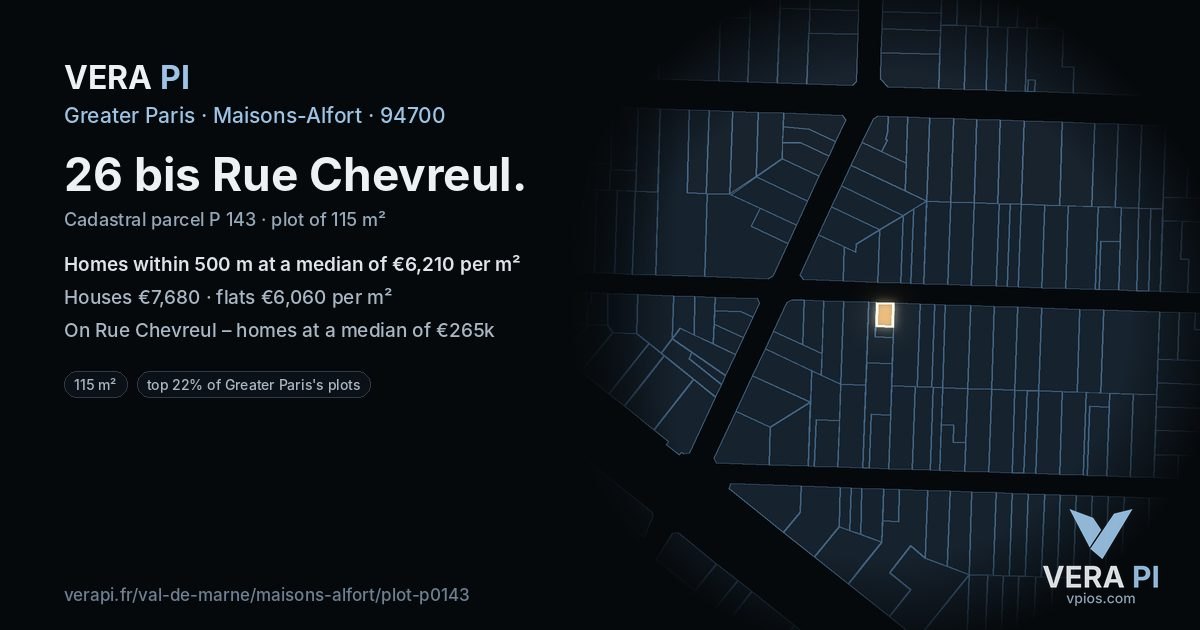 26 bis Rue Chevreul, Maisons-Alfort at night – the plot lit, the parcels around coloured by the prices near them