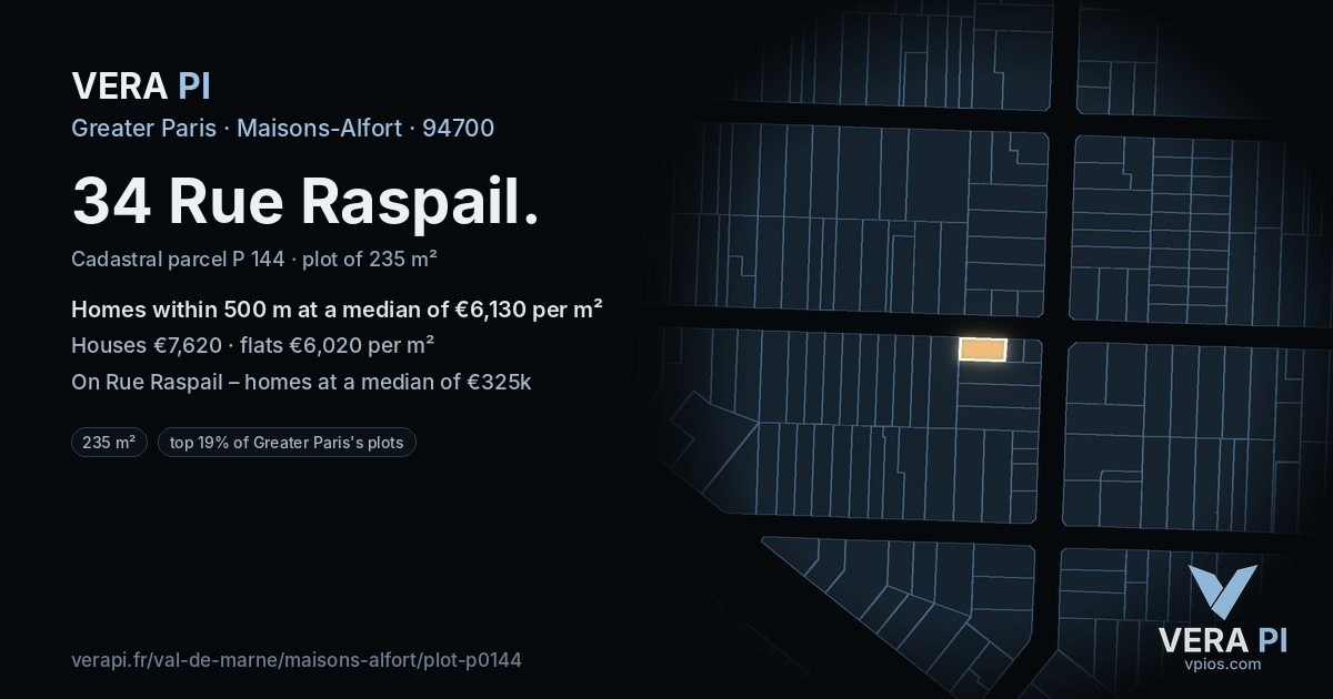 34 Rue Raspail, Maisons-Alfort at night – the plot lit, the parcels around coloured by the prices near them