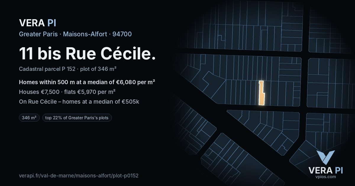 11 bis Rue Cécile, Maisons-Alfort at night – the plot lit, the parcels around coloured by the prices near them
