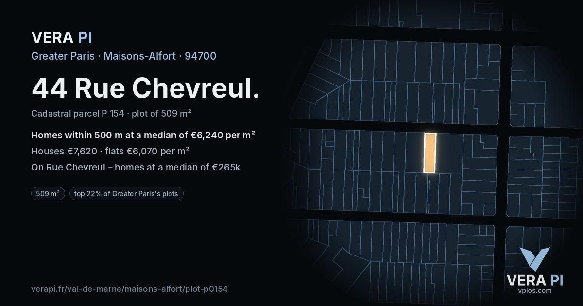 44 Rue Chevreul, Maisons-Alfort at night – the plot lit, the parcels around coloured by the prices near them