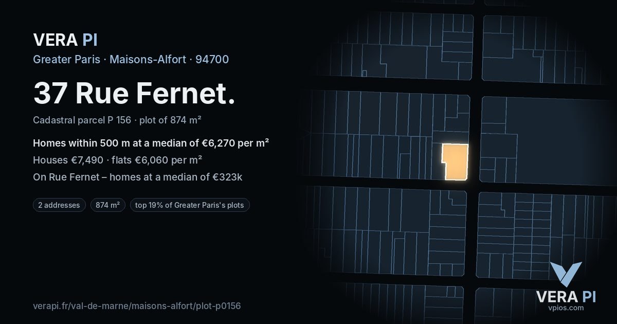 37 Rue Fernet, Maisons-Alfort at night – the plot lit, the parcels around coloured by the prices near them