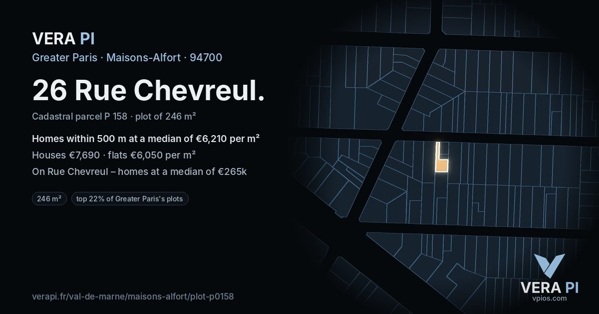 26 Rue Chevreul, Maisons-Alfort at night – the plot lit, the parcels around coloured by the prices near them