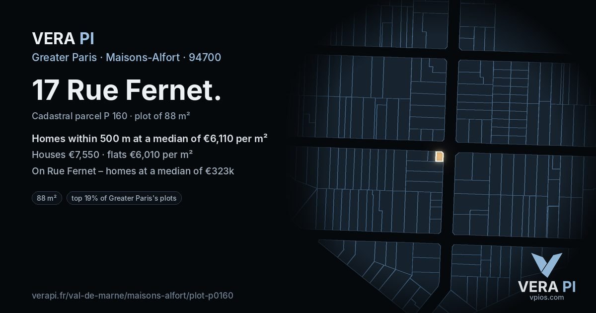 17 Rue Fernet, Maisons-Alfort at night – the plot lit, the parcels around coloured by the prices near them