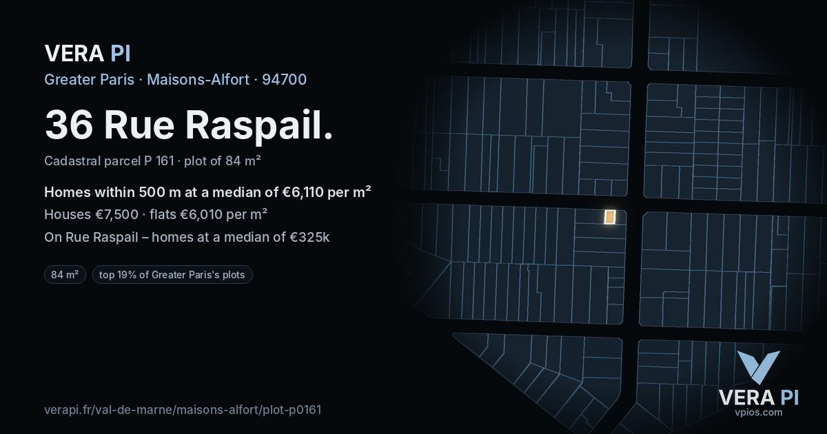 36 Rue Raspail, Maisons-Alfort at night – the plot lit, the parcels around coloured by the prices near them