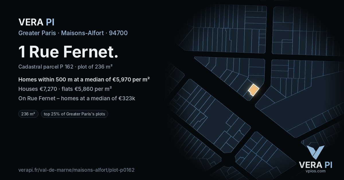 1 Rue Fernet, Maisons-Alfort at night – the plot lit, the parcels around coloured by the prices near them