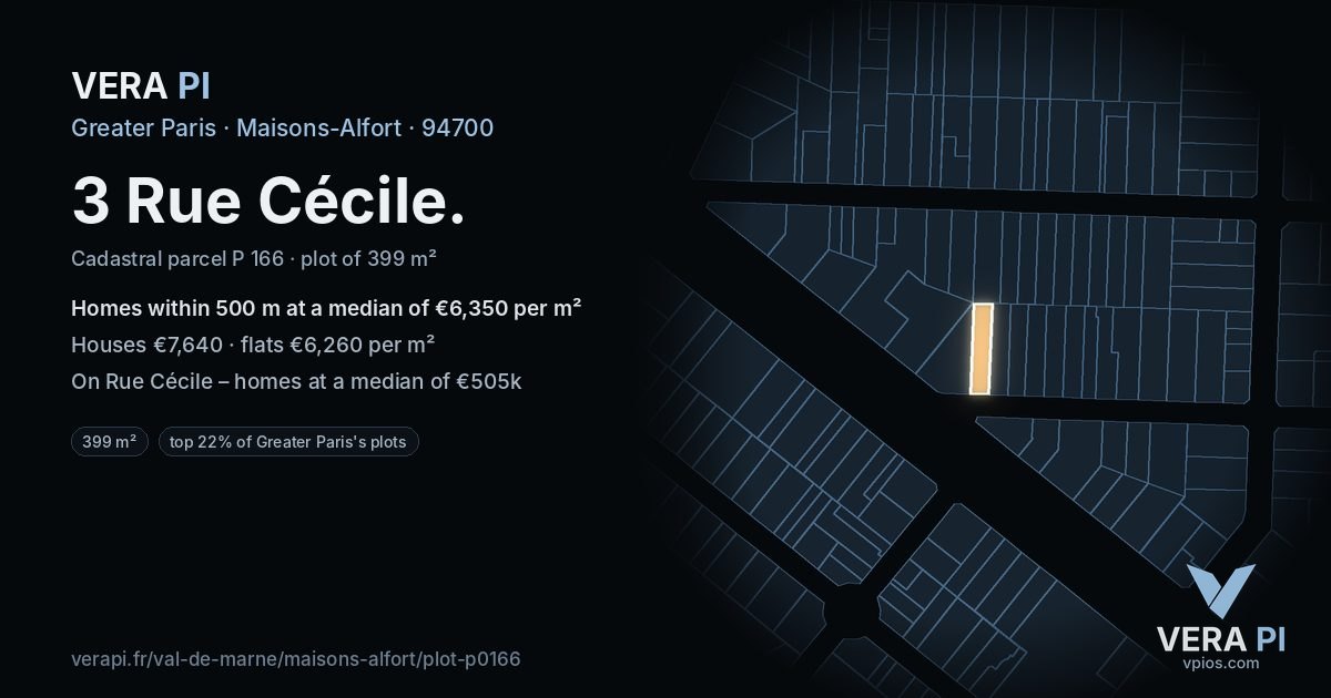 3 Rue Cécile, Maisons-Alfort at night – the plot lit, the parcels around coloured by the prices near them
