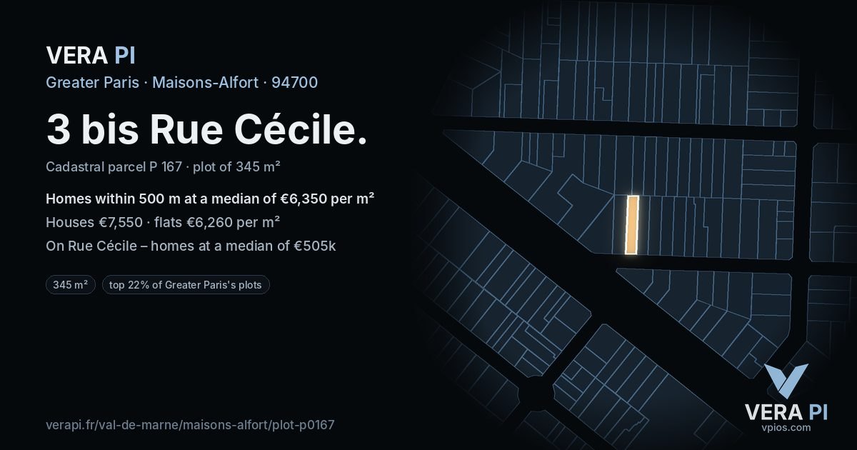 3 bis Rue Cécile, Maisons-Alfort at night – the plot lit, the parcels around coloured by the prices near them