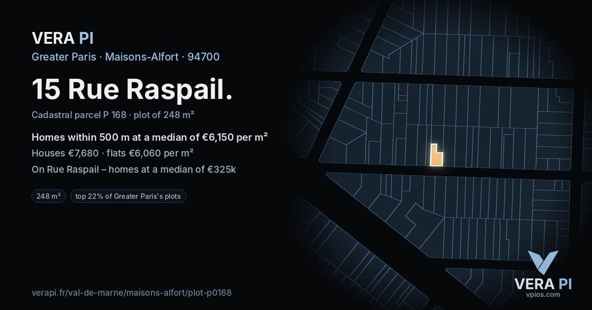 15 Rue Raspail, Maisons-Alfort at night – the plot lit, the parcels around coloured by the prices near them