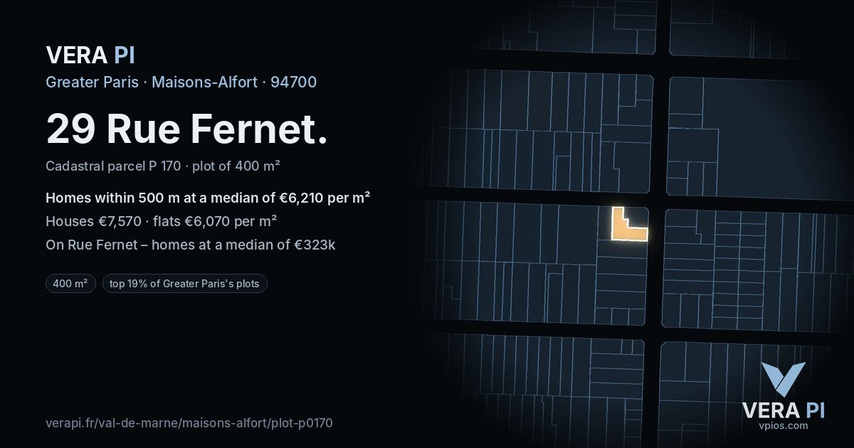29 Rue Fernet, Maisons-Alfort at night – the plot lit, the parcels around coloured by the prices near them