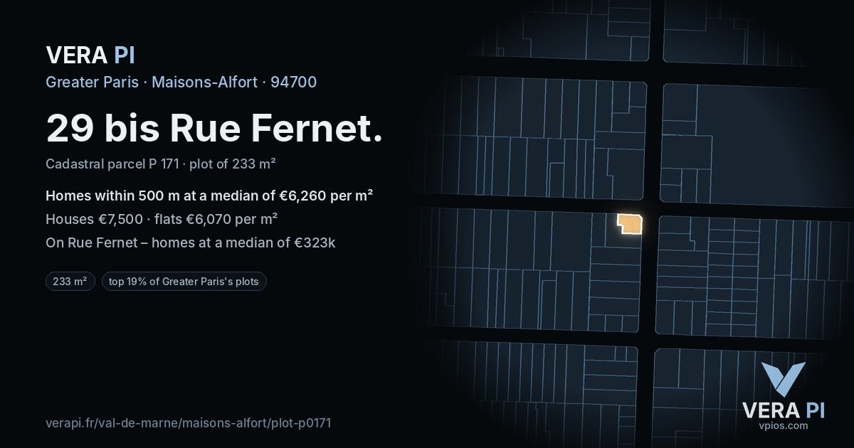 29 bis Rue Fernet, Maisons-Alfort at night – the plot lit, the parcels around coloured by the prices near them