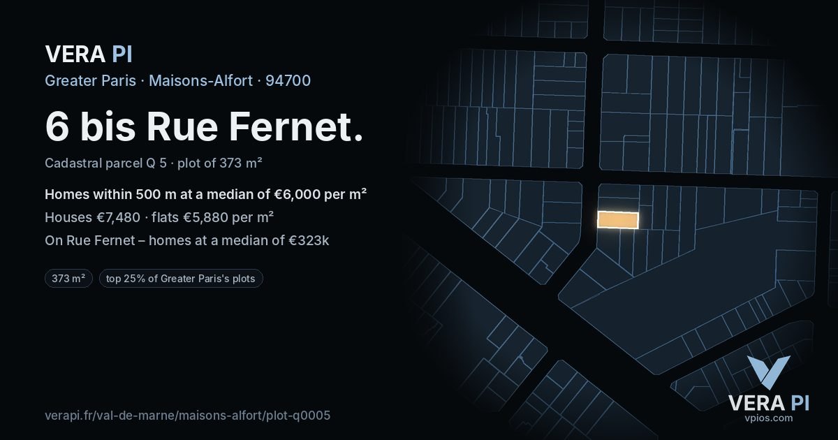6 bis Rue Fernet, Maisons-Alfort at night – the plot lit, the parcels around coloured by the prices near them