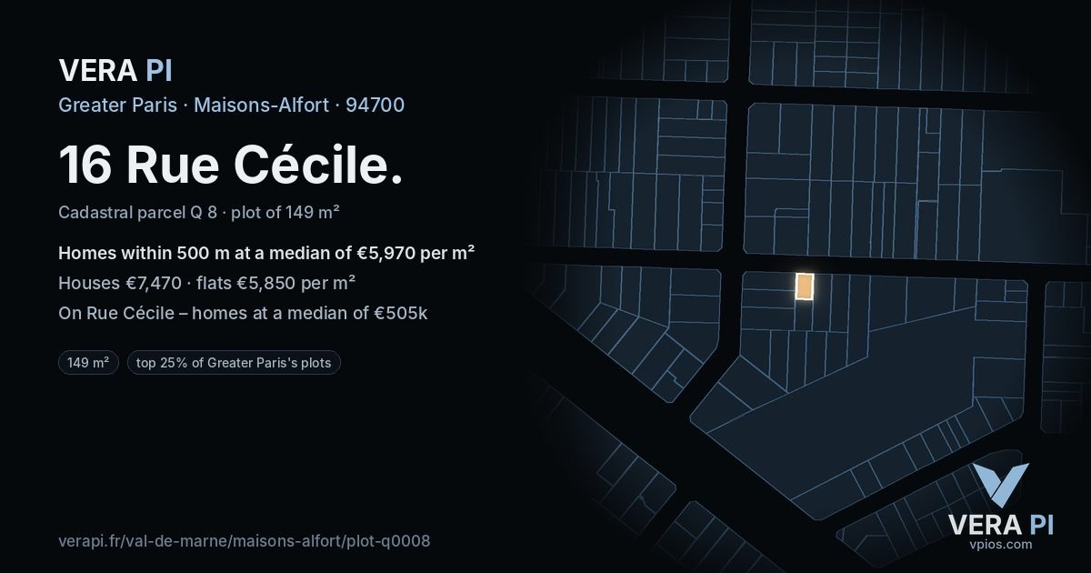 16 Rue Cécile, Maisons-Alfort at night – the plot lit, the parcels around coloured by the prices near them