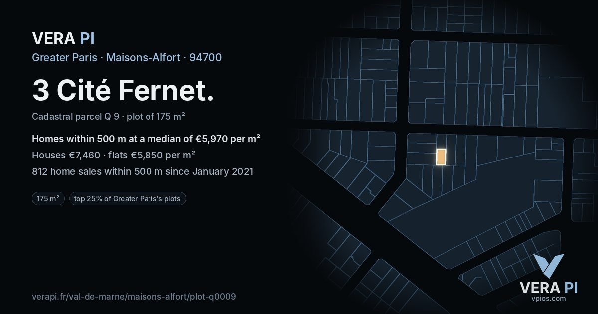 3 Cité Fernet, Maisons-Alfort at night – the plot lit, the parcels around coloured by the prices near them