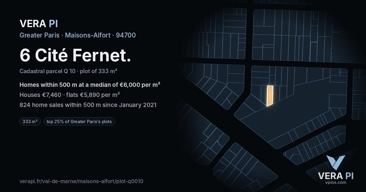 6 Cité Fernet, Maisons-Alfort at night – the plot lit, the parcels around coloured by the prices near them