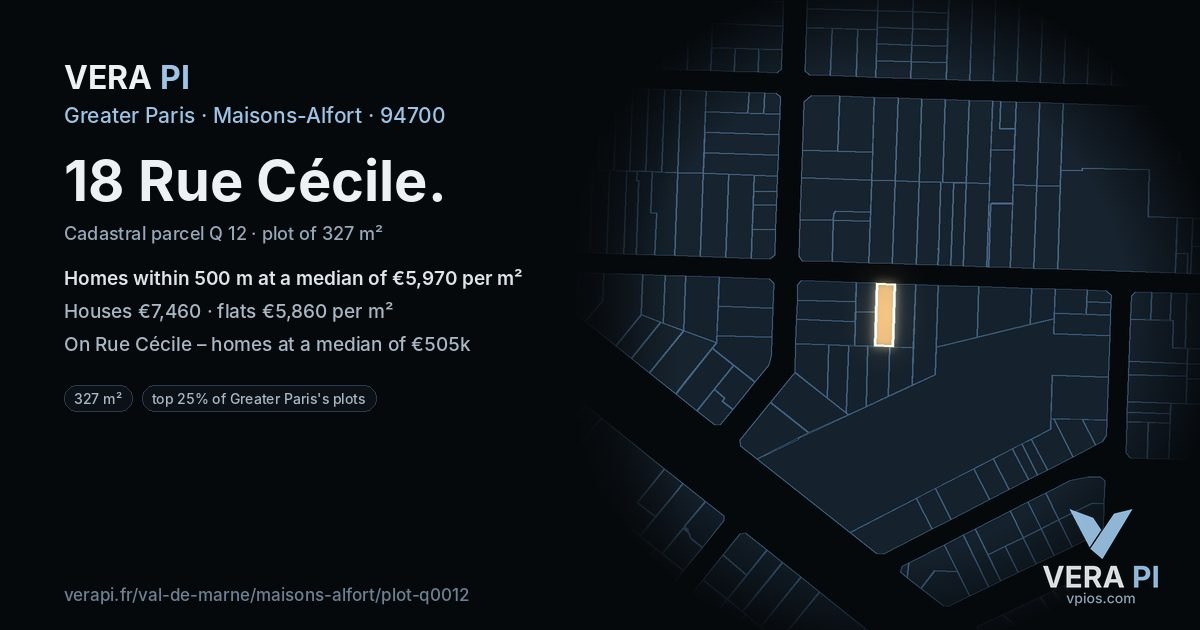 18 Rue Cécile, Maisons-Alfort at night – the plot lit, the parcels around coloured by the prices near them
