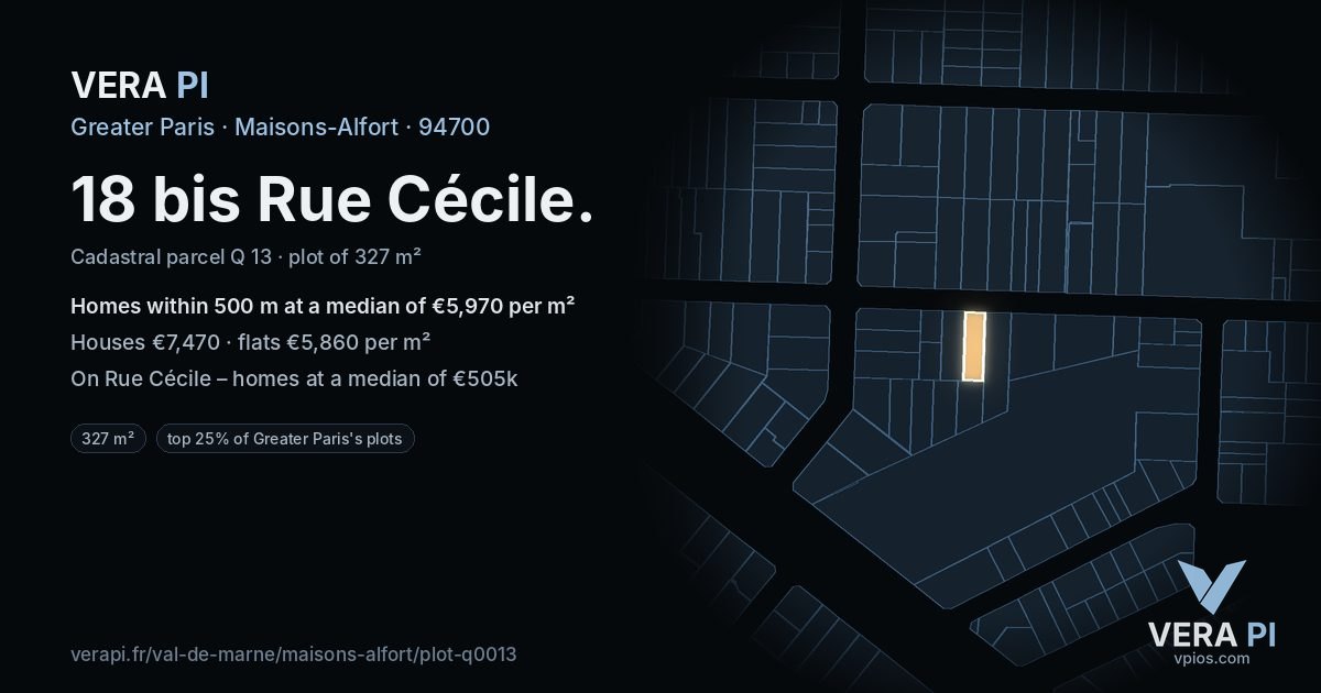 18 bis Rue Cécile, Maisons-Alfort at night – the plot lit, the parcels around coloured by the prices near them