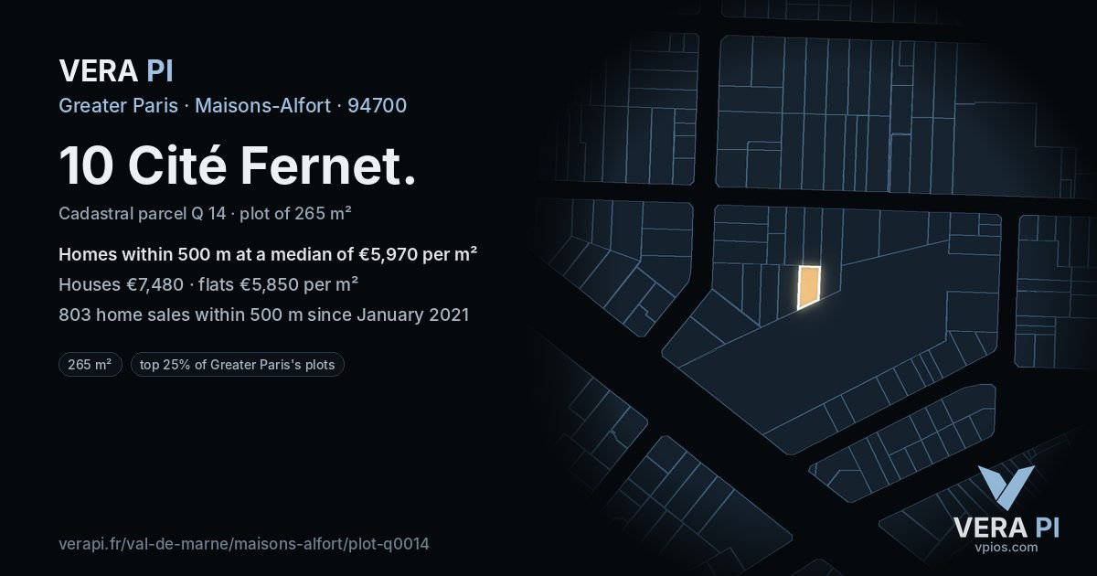 10 Cité Fernet, Maisons-Alfort at night – the plot lit, the parcels around coloured by the prices near them