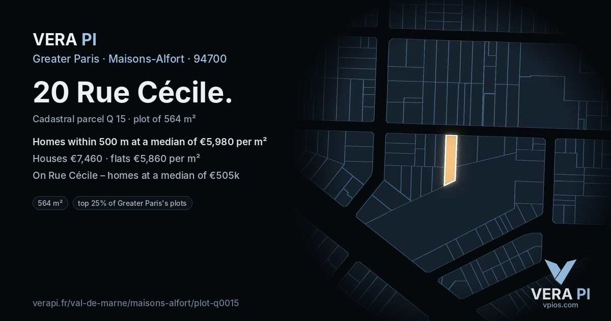 20 Rue Cécile, Maisons-Alfort at night – the plot lit, the parcels around coloured by the prices near them