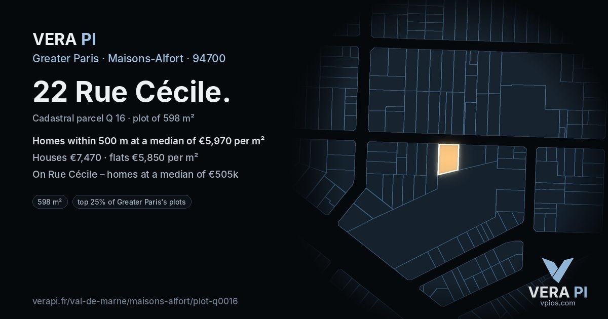 22 Rue Cécile, Maisons-Alfort at night – the plot lit, the parcels around coloured by the prices near them
