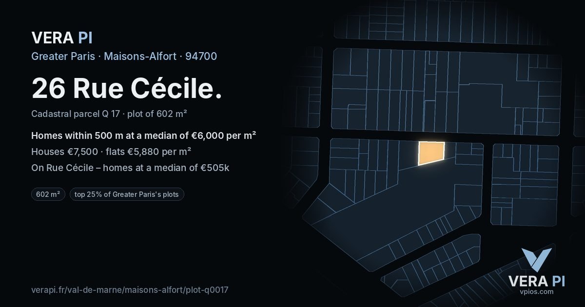 26 Rue Cécile, Maisons-Alfort at night – the plot lit, the parcels around coloured by the prices near them