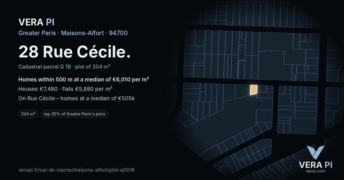 28 Rue Cécile, Maisons-Alfort at night – the plot lit, the parcels around coloured by the prices near them