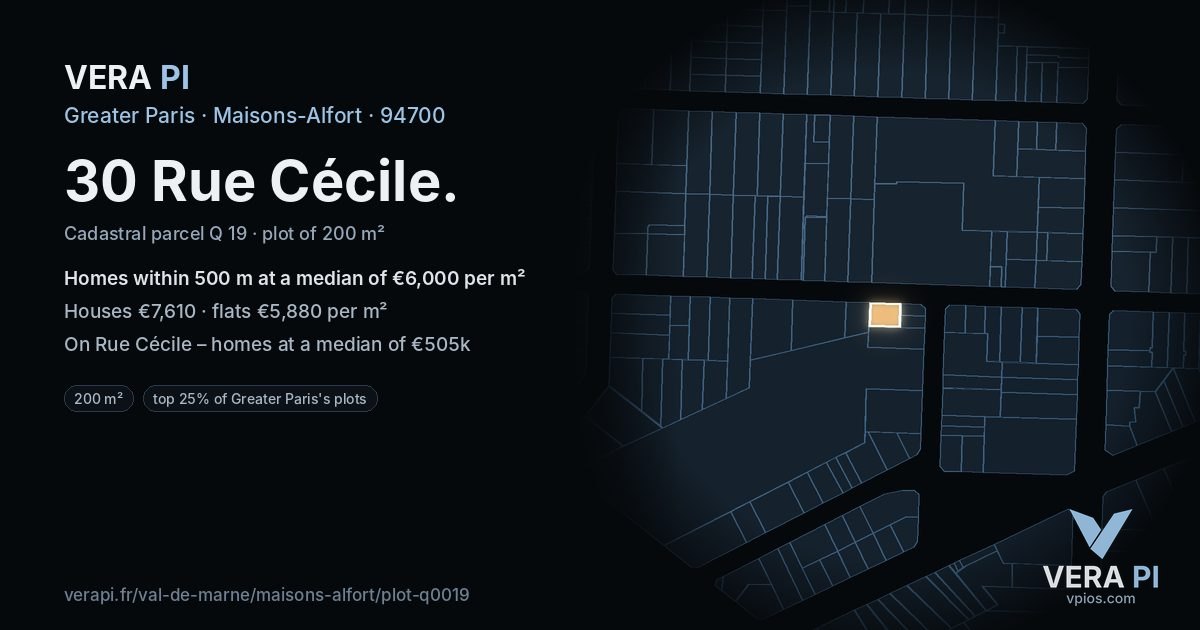 30 Rue Cécile, Maisons-Alfort at night – the plot lit, the parcels around coloured by the prices near them