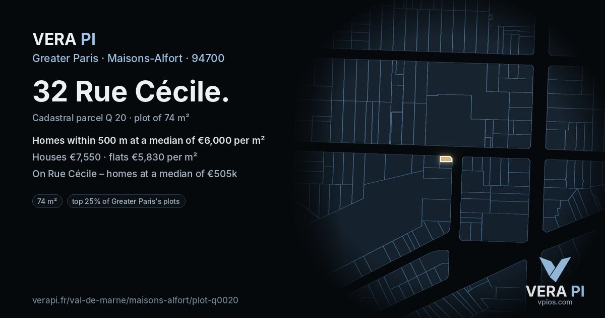 32 Rue Cécile, Maisons-Alfort at night – the plot lit, the parcels around coloured by the prices near them