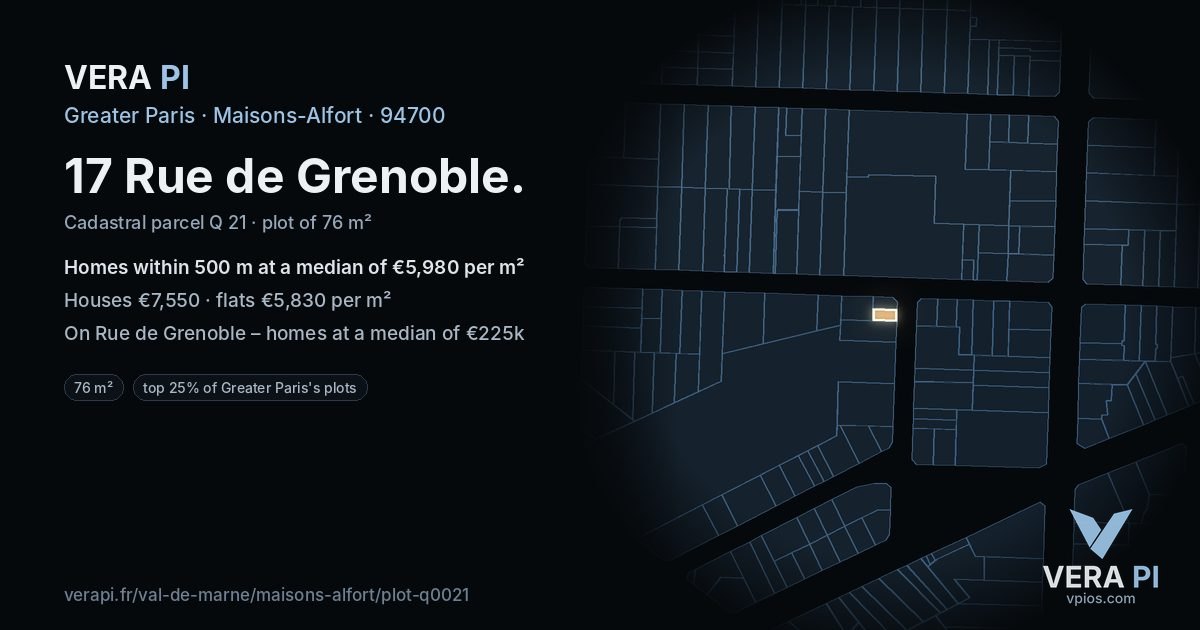 17 Rue de Grenoble, Maisons-Alfort at night – the plot lit, the parcels around coloured by the prices near them