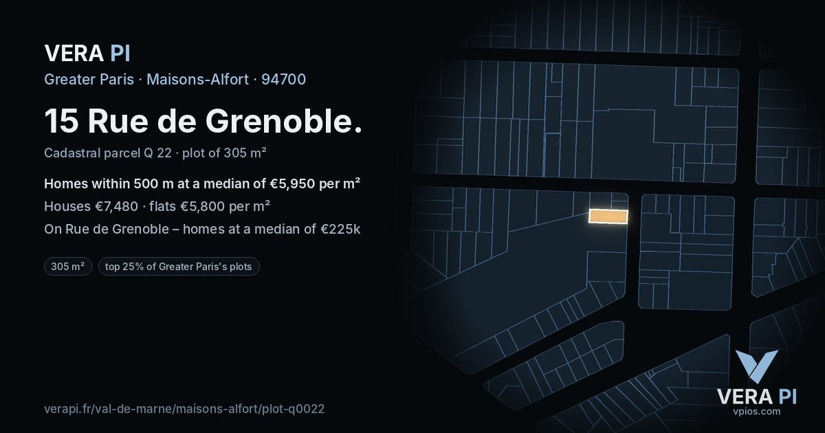 15 Rue de Grenoble, Maisons-Alfort at night – the plot lit, the parcels around coloured by the prices near them